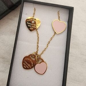 Gold and Pink Heart Necklace and Earrings Set